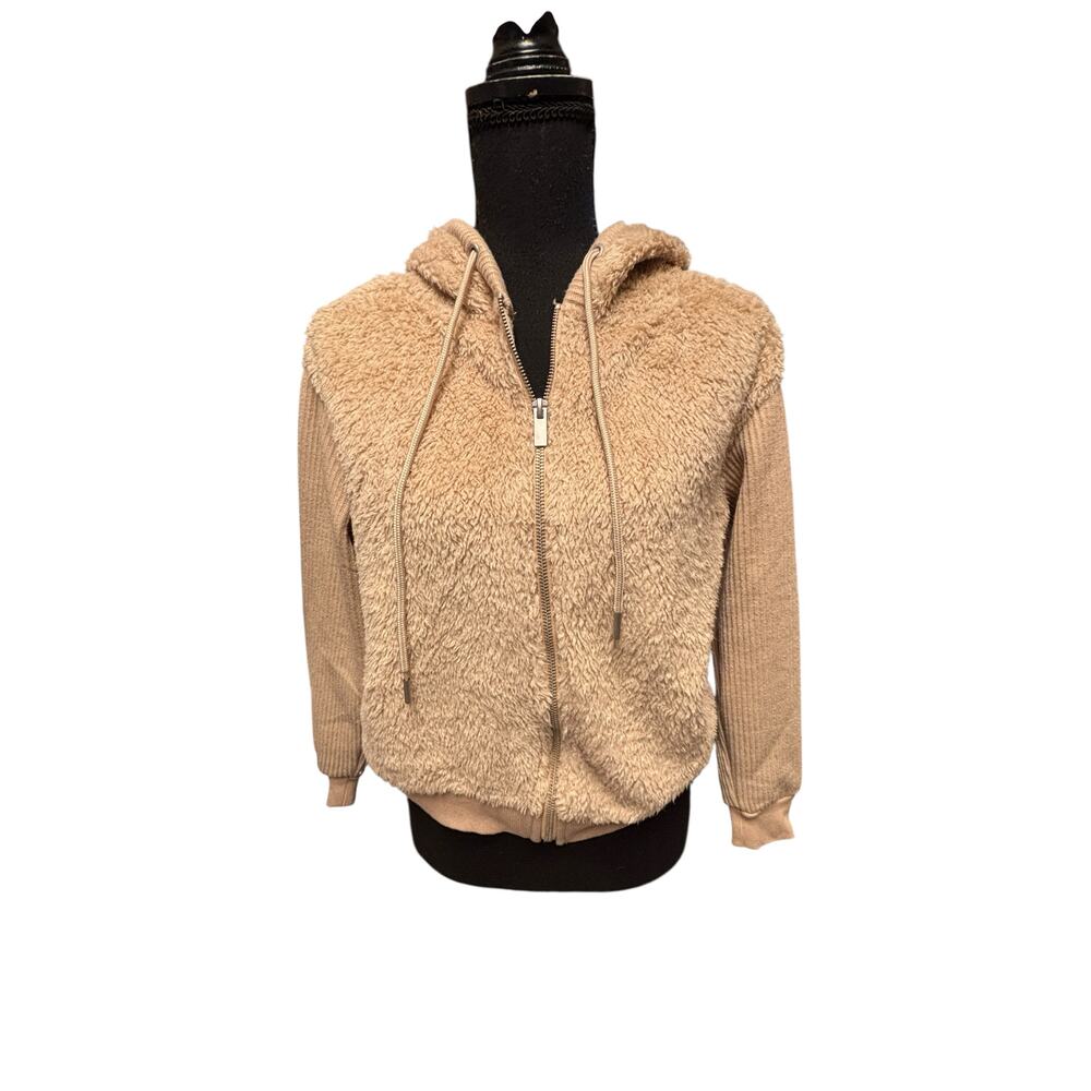Workshop Republic Clothing NWT Faux Fur Zip Up Hoodie Jacket Size XS Oxford Tan
